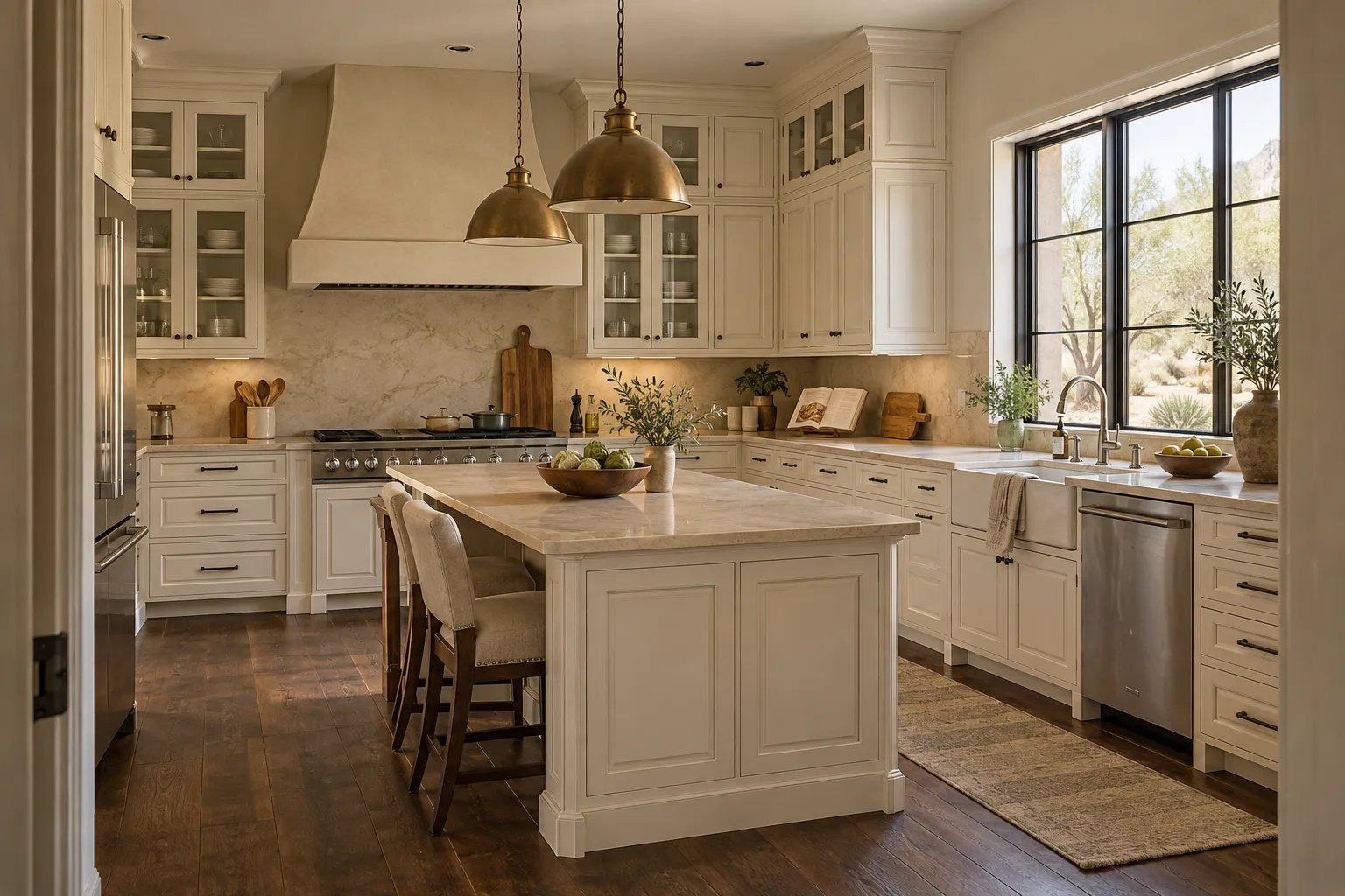 Classic ivory kitchen with glass-front upper cabinets, a plaster range hood, an ivory island and wide plank wood floors