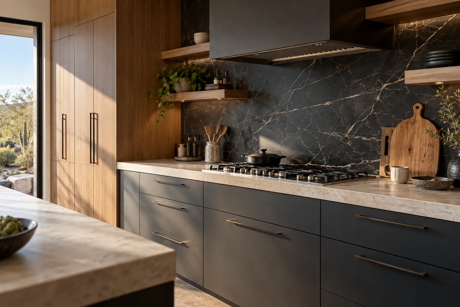 Modern kitchen with charcoal lower cabinets, a black marble backsplash with white veins, a gas cooktop and walnut tall cabinets