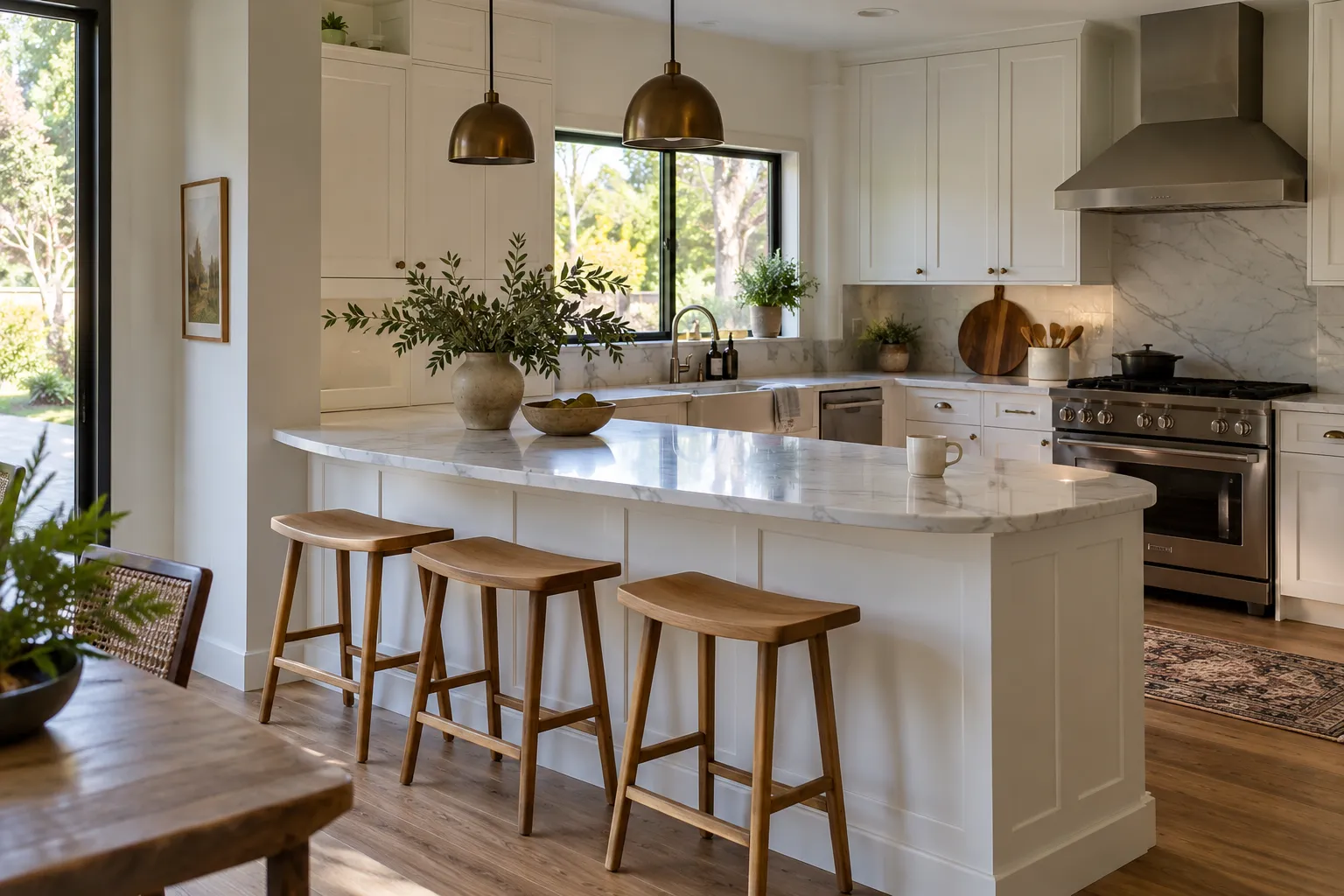 White shaker kitchen island with a pale marble top, three wooden stools, brass pendants and a window over the sink