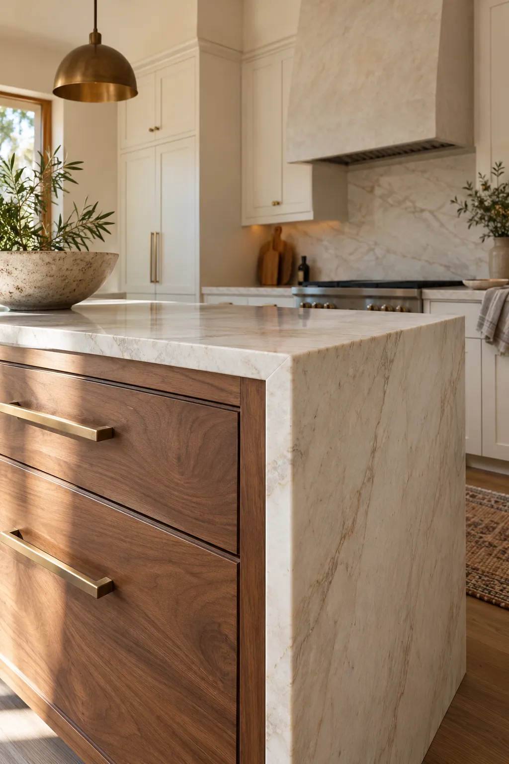 Corner of a kitchen island with walnut drawers, long brass pulls and a marble waterfall edge