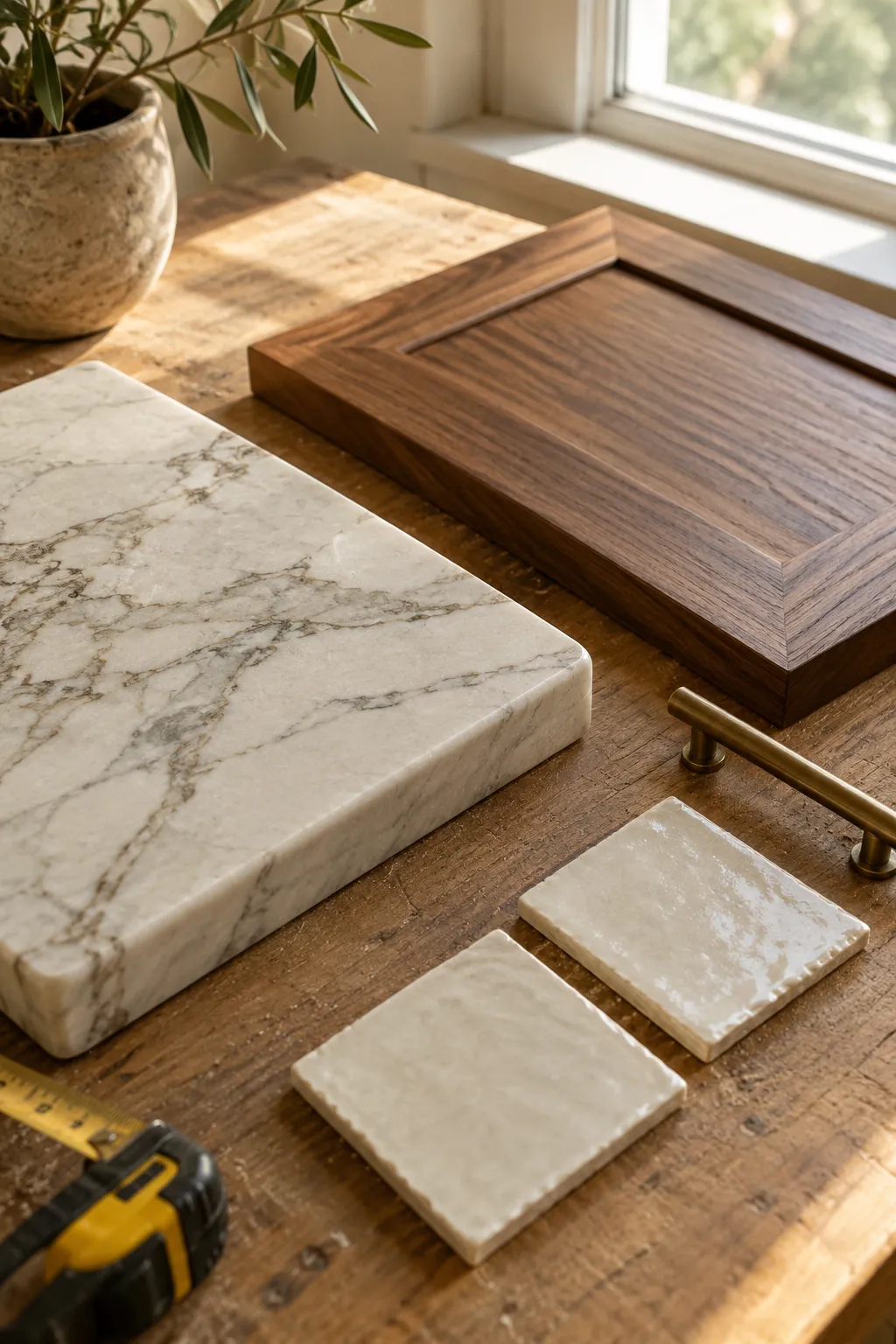 Material samples on a wood table: a marble slab, a walnut cabinet door, two glazed tiles, a brass pull and a tape measure
