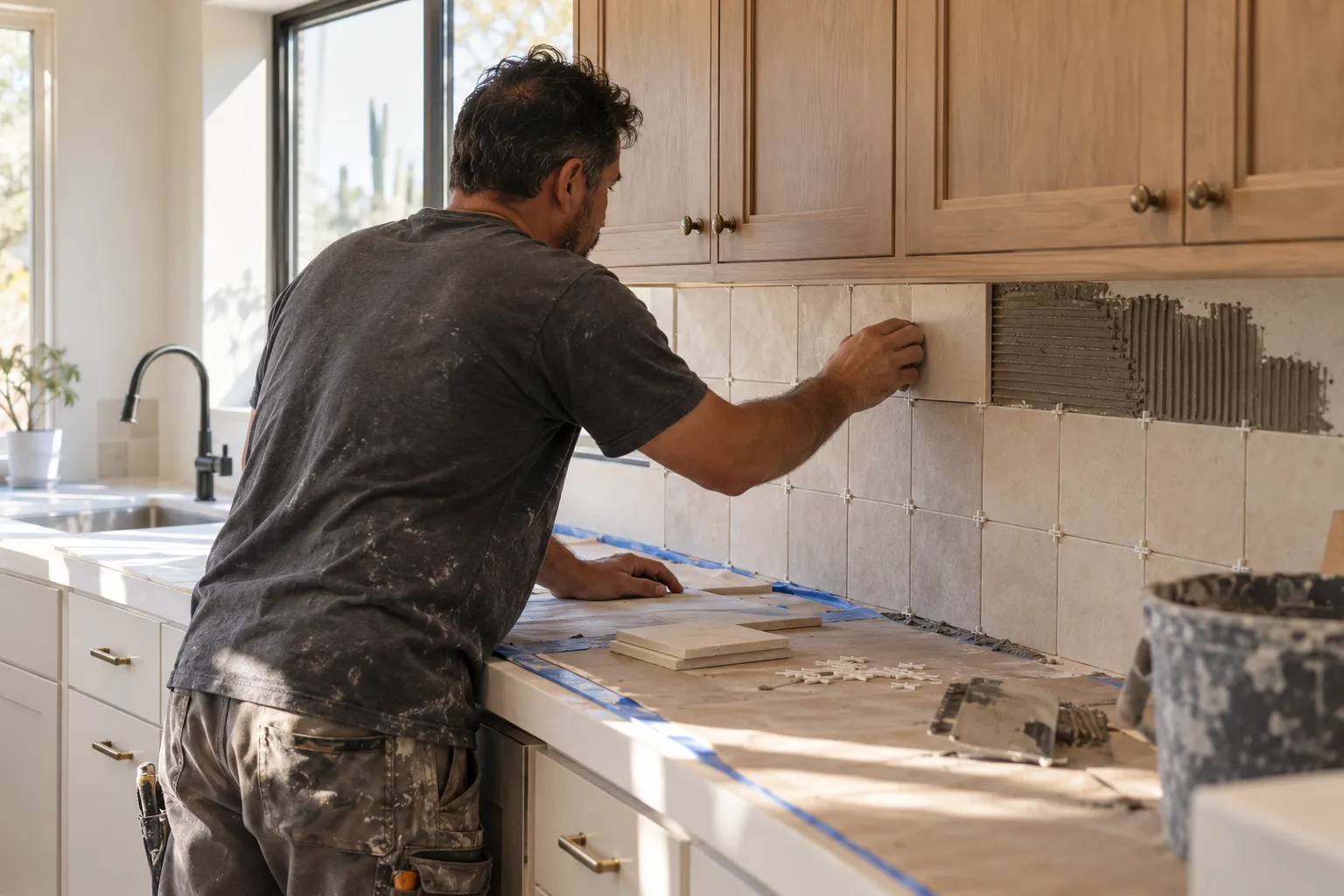 Tile setter pressing a handmade white tile into a backsplash above a taped-off counter in a sunny kitchen