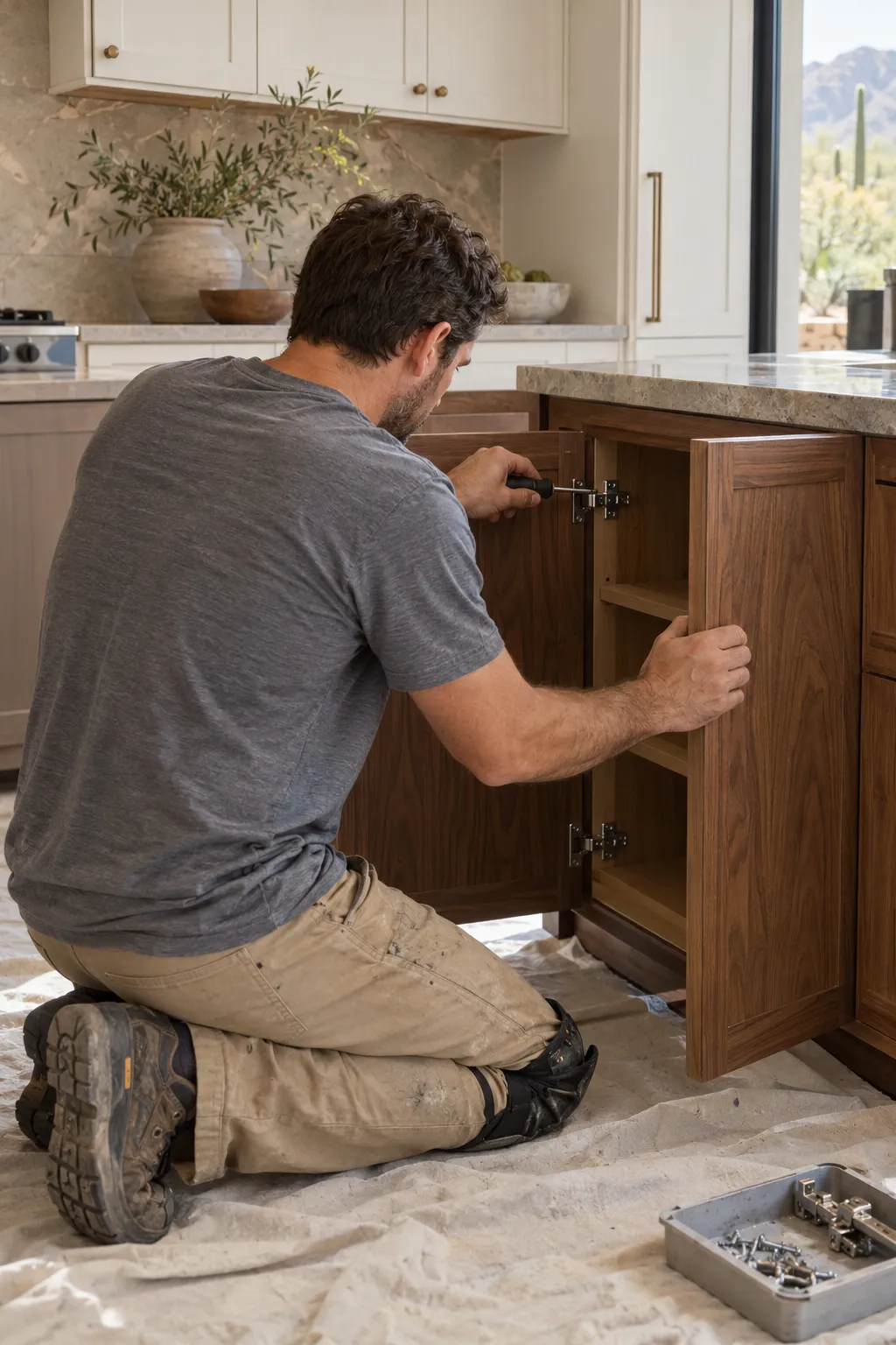 Installer kneeling on a drop cloth to adjust the hinge of a walnut base cabinet door