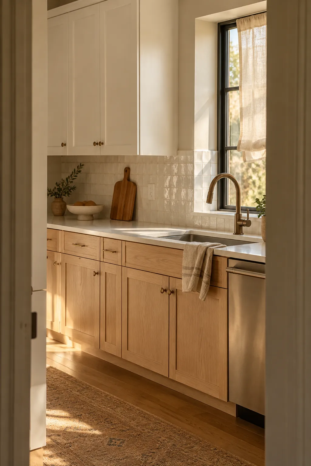 Compact kitchen with light oak shaker cabinets, a white tile backsplash and a window over the sink, seen through a doorway