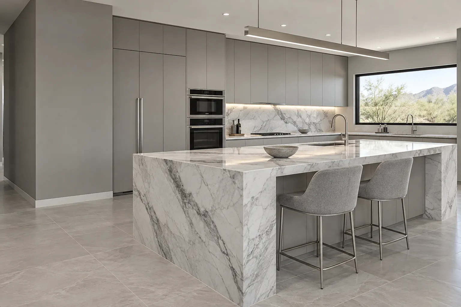 Light grey kitchen with a white and grey veined marble island, grey counter stools, flat-panel cabinets and a wide window onto the desert