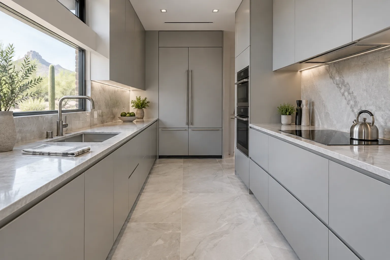 Minimal grey galley kitchen with handleless drawers, undercabinet lights, a marble backsplash and a window over the sink