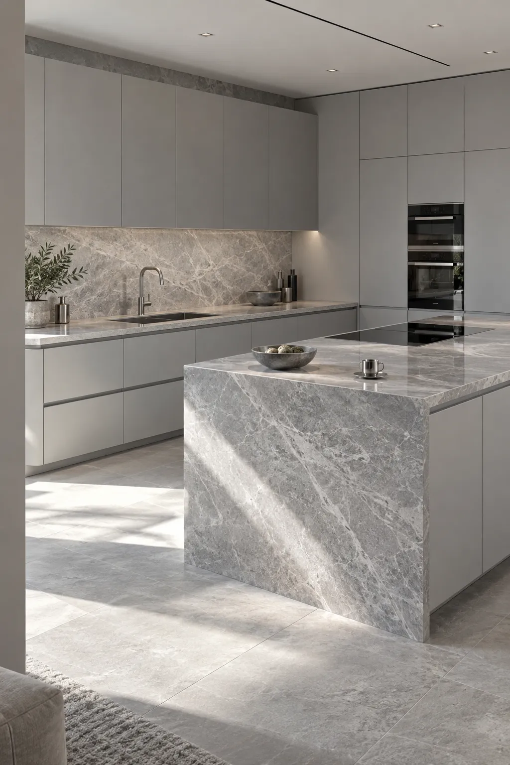 Corner of a minimal grey kitchen with a marble-clad island, flat grey cabinets and a stone backsplash in soft daylight