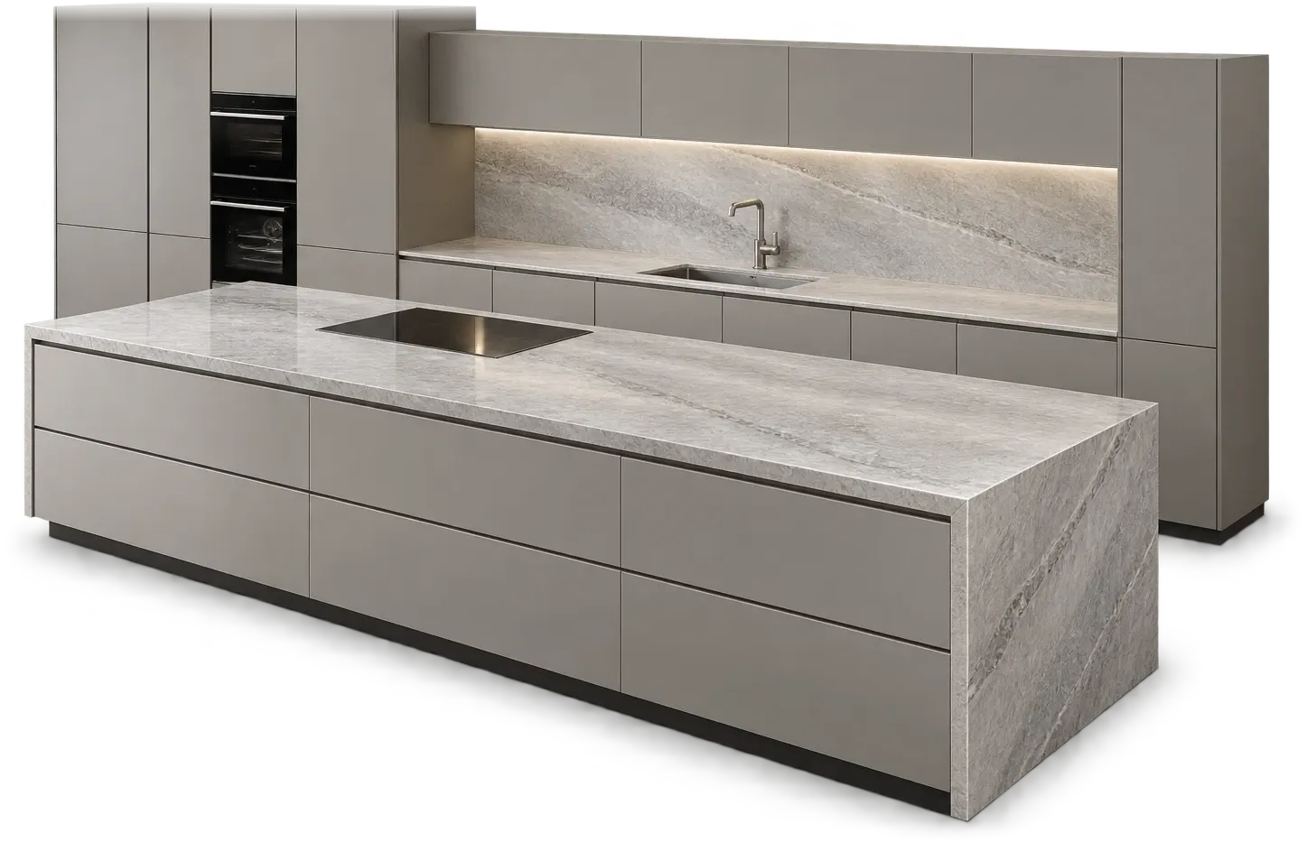 Modern kitchen with matte grey handleless cabinets, a grey veined stone island with a waterfall end and a lit stone backsplash