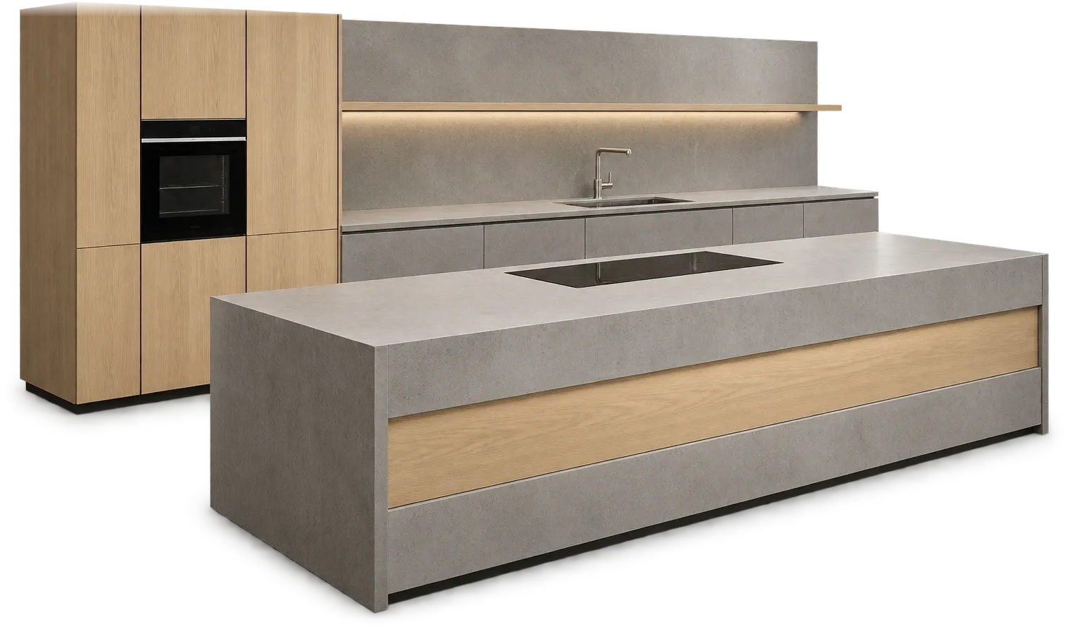 Modern kitchen with light oak tall cabinets, a concrete-look island with an oak band and a lit floating oak shelf